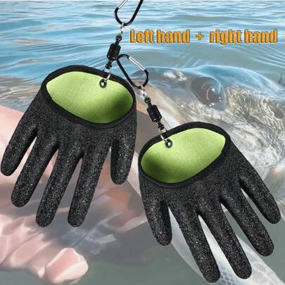 1 par de guantes de pesca antideslizantes verdes, guantes para evitar que se escape el pez, guantes de látex negro, accesorios de pesca, con hebilla magnética fuerte para agarre rápido, malla antideslizante de látex negro, sin escape de peces, adecuado para actividades al aire libre y pesca