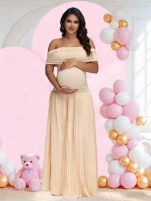 JustVH Vestido de fiesta de maternidad con hombros descubiertos, bajo con volantes, vestido formal largo para baby shower de mujer - Albaricoque - Ver 1