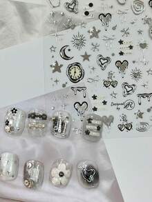 1张朋克风3D立体浮雕美甲贴纸 - 星空与爱心图案，包含星星、月亮、爱心 - 自粘聚氨酯贴纸，适合DIY美甲 - 銀色 - 查看 2