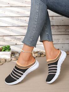 New Striped Knit Mule Shoes For Women, Lightweight Breathable Slip-On Loafers, Soft Sole Casual Backless Shoes - Black - View 3