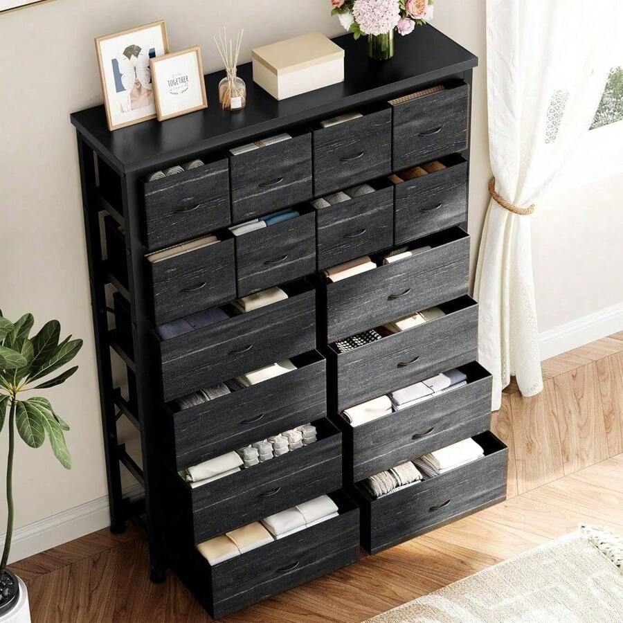Beaully 16 Drawer Dresser For Bedroom, 51.2inch Fabric Chest Of Drawers Organizer Unit For Closets, Living Room, Hallway - 黑色 - 查看 1