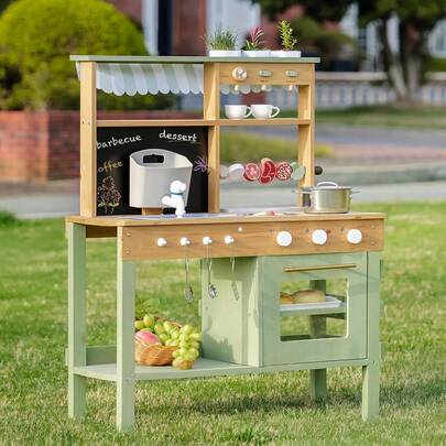  Robud Green Wooden Outdoor Mud Kitchen, A Wooden Toy For Kids, Requires Assembly And Includes A Grill, Removable Sink, And Coffee Maker-Ideal For Outdoor Role-Playing And Cooking Games For Children Aged 3-9