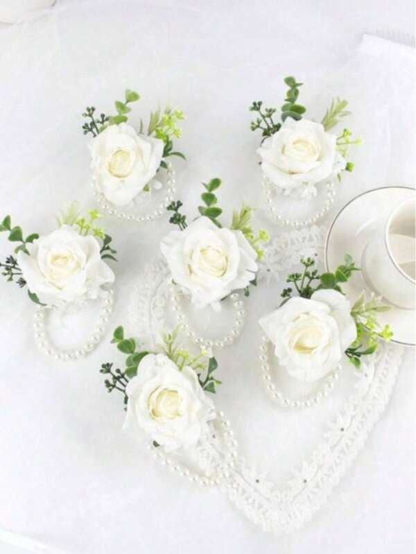 1件腕花，人造丝玫瑰和仿珍珠，浪漫腕花，适合女性，母亲节，婚礼，舞会，新娘送礼会，结婚礼物，情人节及其他场合