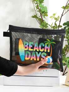 Bolsa de maquillaje de malla de moda, bolsa de malla con estampado de "DÍAS DE PLAYA", bolsa de playa de malla, bolsa de cosméticos de malla, bolsa de playa plegable de gran capacidad impermeable y a prueba de arena, bolsa de regalo personalizada, bolsa de maquillaje, bolsa de almacenamiento de viaje, adecuada para bodas, vacaciones y uso diario, es un regalo de cumpleaños personalizado para mujeres, madres, maestras, amigas, damas de honor, regreso a la escuela, regalo de Pascua - Multicolor - Ver 9