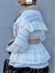 Women's Elegant Lace-Trimmed Patchwork Trench Coat With Belt - A-Line Regular Fit, Outerwear For Casual & Smart-Casual Wear, Belted Waist For A Tailored Look - 杏色 - 查看 4