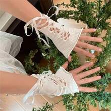 1pcs Women Strapping Lace Fingerless Hot Sexy Arm Sleeves DIY Sunscreen Gloves Elastic Mesh Punk Gloves Clothing - Black-B - 查看 5