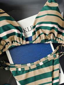 Women's Striped Bikini Set. Spaghetti Strap Design Highlights Neck And Shoulder Lines, Featuring Retro Striped Print. - Dark Green - View 2