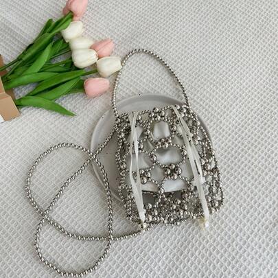 1 pezzo Portamonete/Portacellulare casual versatile in colore unito con perline, borsa a tracolla realizzata a mano