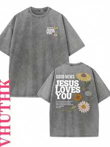 Summer Tops2026VHUTHK Double Sided Printed (230 Pure Cotton T-Shirt) 'JESUS LOVE YOU' Letter And Flower Print, Suitable For Men's Casual, Comfortable, And Fashionable T-Shirts, Street Style Cottonsummer Clothes - 玫紅色 - 查看 6