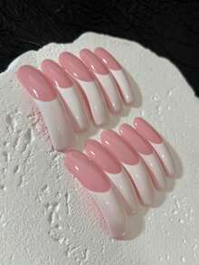 10片优雅裸色法式美甲贴片，长款弧形可拆卸佩戴，百搭实用，适合日常通勤 - 白色 - 查看 2