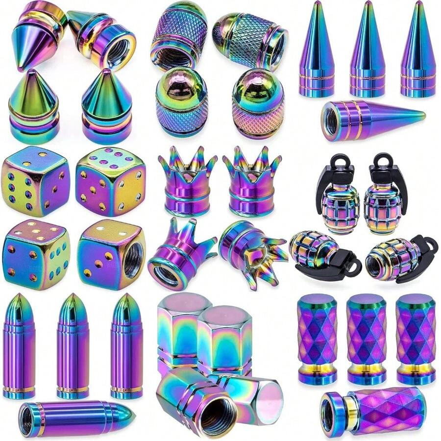 2个彩色汽车摩托车气门嘴帽，彩色铝合金气门嘴帽，美式风格气门嘴帽，轮胎气门嘴帽，通用金属油箱盖，适用于汽车、摩托车、卡车和自行车，带夜光气门嘴帽，增强夜间安全性，时尚美观 - 适用于汽车、自行车和摩托车，易于安装 - 彩色 - 查看 1