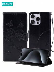 Koolife 1pc Leather Wallet Phone Case For 17 Pro Max/ 17/ 17, Full Body Protective Cover With Card Slot - Black - View 3