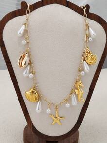 1条镀金海螺海星仿珍珠项链，女士海滩度假风，14K镀金海螺海星吊坠项链，友谊礼物、生日礼物、节日礼物、珠宝礼物 - 金色 - 查看 6