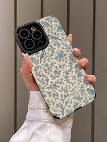 Flower 1pc Vintage Blue Floral Pattern Vertical Faux Leather Soft Protective Phone Case Compatible With Apple And 15/15PLUS/15PRO/15PROMAX - Multicolor - View 3