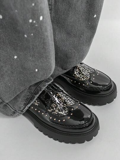 民族风竹叶印花厚底鞋，铆钉漆皮增高德比鞋，花卉印花街头聚氨酯系带中国风水墨竹增高鞋，适合所有季节的派对场合