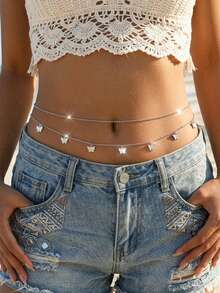 2pcs Bohemian Metal Butterfly Pendant Silver Chain Waist Chain Set, Suitable For Beach, Vacation, Casual, Party Wear, Birthday, Holiday, Perfect Gift - Silver - View 1