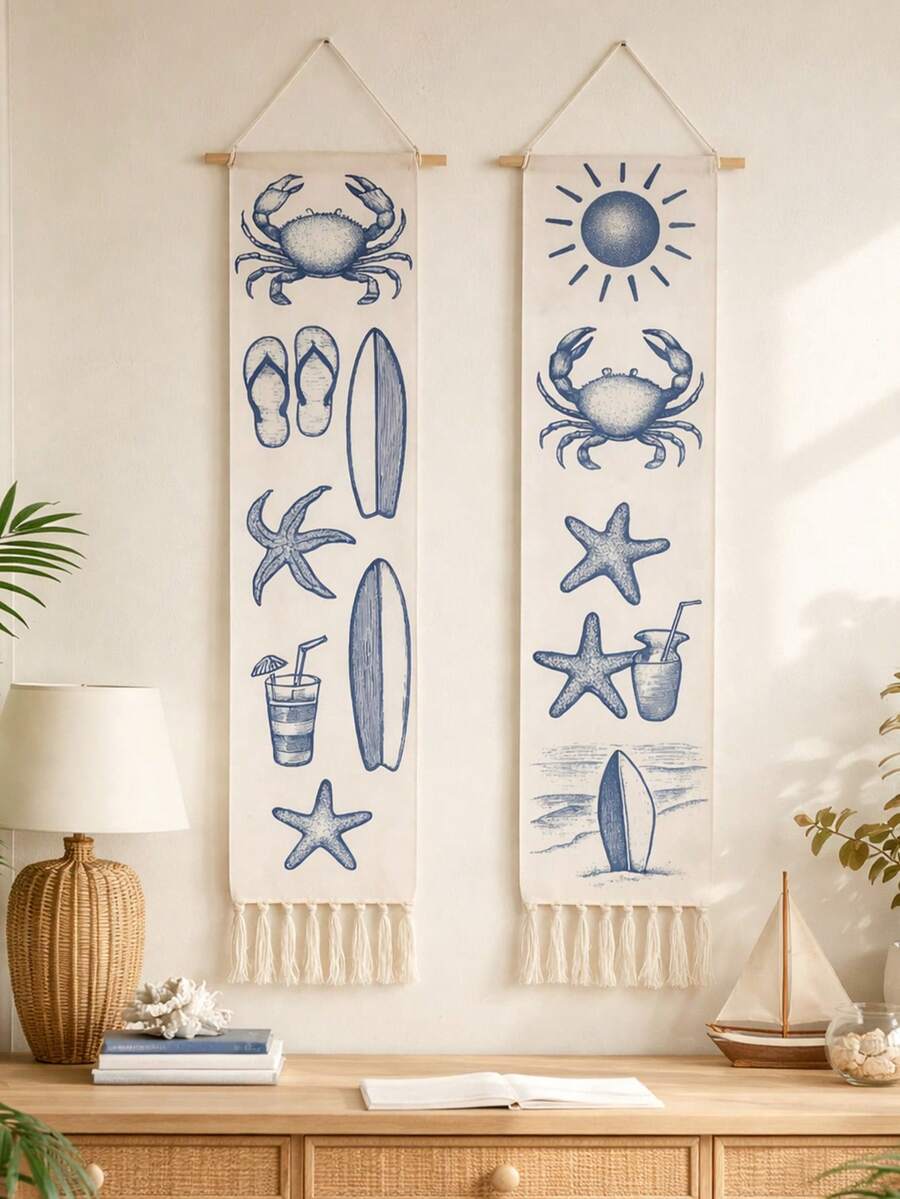 1件/2件装海岸沙滩挂毯，波西米亚风海洋主题墙饰，蓝白螃蟹、海星和冲浪板图案，适合卧室和客厅，主题墙画，非常适合海岸风和夏季装饰爱好者。