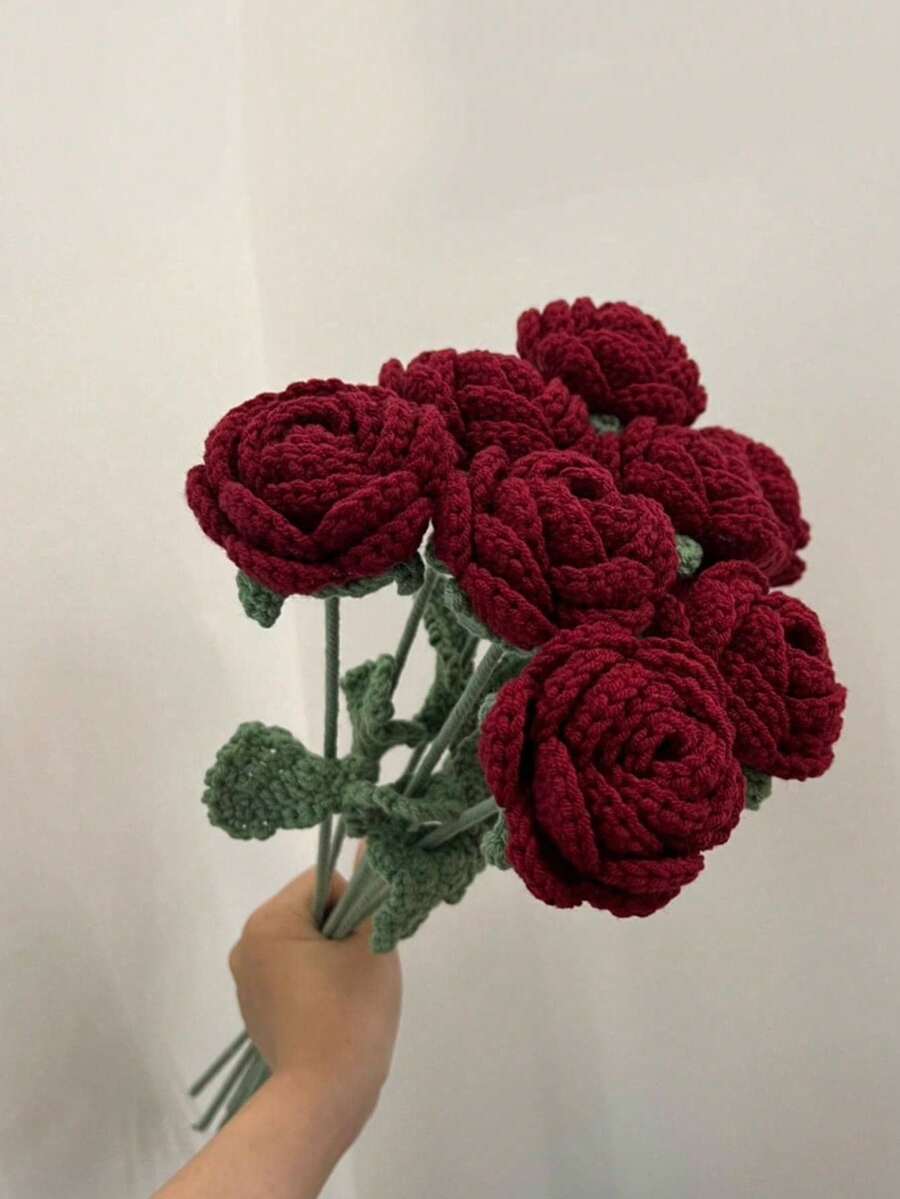1/3/5朵手工钩织逼真玫瑰花，浪漫纱线玫瑰花束，适合家居装饰、卧室、客厅、周年纪念礼物 - 深紅色玫瑰花 - 查看 1