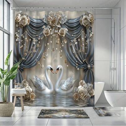 4-Piece Grey Swan Stage Shower Curtain Set, Includes Shower Curtain With Multiple Hooks, Non-Slip Bath Mat, U-Shaped Toilet Mat, Toilet Lid Cover, Bedroom & Home Decor, Bathroom Accessories, Perfect Gift!