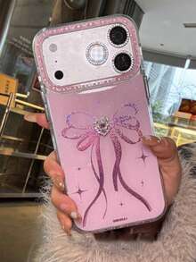 Stylish Bling Bowknot 3D Heart Glossy Phone Case Compatible With IPhone 17ProMax 17Pro 17 16 15 Pro Max Glitter Case Shockproof Back Cover - Pink - View 6