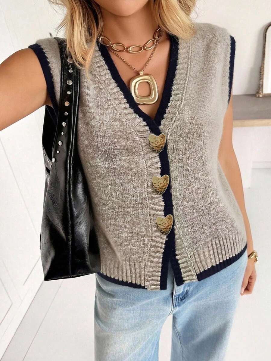 Chaleco de punto sin mangas con cuello en V informal de mujer con botones metálicos con forma de corazón, corte holgado, ribete de contraste, caqui, primavera/otoño - Albaricoque - Ver 1