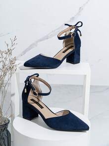 Sepatu hak tebal suede berujung lancip dengan detail pita dan lubang di bagian dalam, serbaguna untuk sehari-hari, kerja, bisnis, dan acara formal, warna hitam, ukuran besar, hadiah Hari Ibu. - Royal Blue - View 5