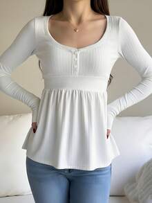 Awevudst Women's Babydoll Tops Long Sleeve Henley Shirts Cute Scoop Neck Ribbed Knit Blouse - 白色 - 查看 2