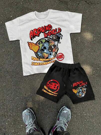 Bộ đồ nam phong cách đường phố retro, áo thun cổ tròn tay ngắn phối cùng quần short thể thao, thiết kế in kỹ thuật số họa tiết sáng tạo, bộ đồ mùa hè 2 mảnh.