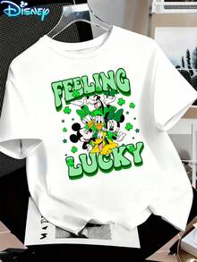 Disney Women's Mickey & Friends St. Patrick's Day Character Group Cartoon Pattern Short-Sleeved T-Shirt - Amusement Park Lucky Theme Round-Neck Top, Soft Cotton Breathable Fabric, Summer Casual Vacation Style, Fun Design, Suitable For Parade & Daily Leisure, Breathable And Comfortable - trắng - Xem 2