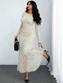 Women's Gothic Sexy & Elegant Modern Contrast Stripe Asymmetrical Ruffle Waist Double-Layer Mesh Long Sleeve Dress, Suitable For Dates, Vacations And Daily Commute Spring - Apricot - View 5