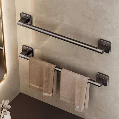 2pcs Modern Bathroom Towel Rack, No-Drill Wall-Mounted Storage Shelf, Black Single Bar Towel Holder, Strong Load Capacity For Towels And Washcloths, Space-Saving Organizer, Home Kitchen Supplies, Bathroom Accessories