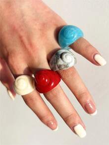 Set de 4 anillos de resina con conchas marinas de colores, lindo conjunto de anillos con elementos oceánicos, adecuado para uso diario y vacaciones en la playa - Multicolor - Ver 2