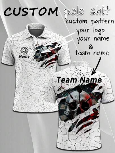 Customized Darts Themed T-Shirt With Personal Name And Team Name Logo, Men's Personalized Skull Graphic Print Short Sleeve Polo Shirt