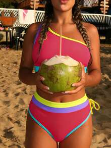 Swimsuits For Woman One Shoulder Swimsuit Neon 2 Piece High Waisted Bikini Sets Cute 2026 Color Block Bathing Suit - 玫紅色 - 查看 7