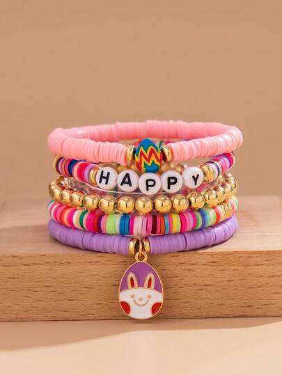 5件套复活节元素饰品，彩蛋和兔子吊坠手链套装，彩色串珠字母手链，日常装饰和节日礼物首饰