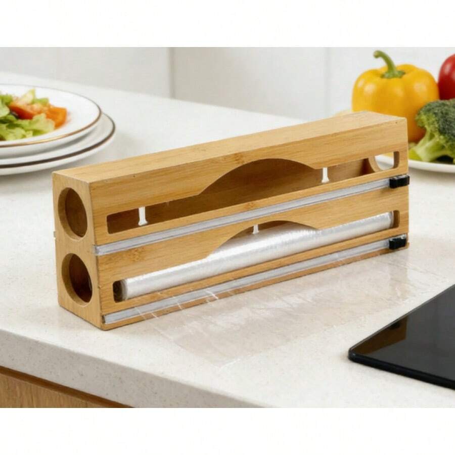 Natural Bamboo Kitchen Storage Box, 2-In-1 Adjustable Organizer With Built-In Cutter, Multi-Layer Compartments For Foil And Wrap, Suitable For Home And Outdoor Camping Utensil Holder - Brown - View 1