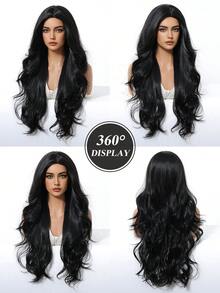 28英寸长自然波浪卷假发，自然黑色假发，中分缝合成纤维假发，耐热长卷假发，适合女性日常、派对、角色扮演、圣诞节、万圣节等场合佩戴。 - 自然黑 - 查看 6