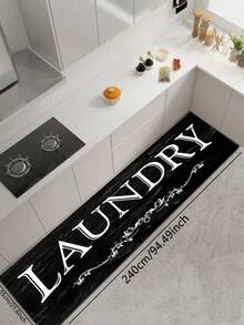 1 件硅胶厨房地垫，黑色大理石纹理背景，饰有白色竖排艺术“LAUNDRY”字样和优雅的白色卷轴图案，适用于厨房、浴室、玄关、洗衣房、卧室、客厅等场所的装饰。 - 彩色 - 查看 14