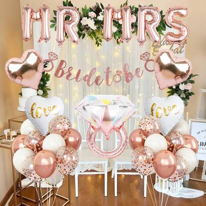 41pcs Engagement Party Decoration Set, Including "MR" And "MRS" Rose Gold Balloon Decor, White, Metallic Rose Gold And Rose Gold Confetti Latex Balloons, Glitter Heart, Rose Gold Diamond Ring And Rose Gold Heart Foil Balloons, Rose Gold Bride Banner, Suitable For Wedding Party Decoration, Bridal Shower, Bachelorette Party, Engagement Party, Indoor And Outdoor Decor