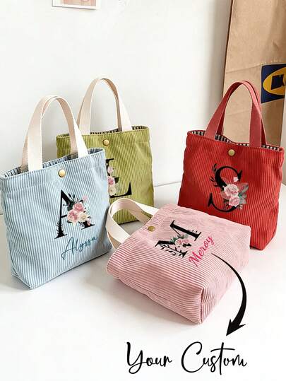 Customizable Handbag,Women's Large-Capacity Corduroy Handbag,Portable Lunch Pack,Letter Print Fashion Handbag,Student Bento Bag,Customizable Name And Text,Personal Tailor Picnic Bag ,Lunch Pack For School, Work Commute, And Travel Picnics,Storage Bag,Ideal Gifts For Her,Girlfriend,Boyfriend,Friends, Ideal Gifts For Easter Gifts, Bridesmaid Gift, Wedding Gift, Birthday Gift For Her, Mother's Day Gift