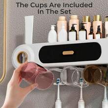 Smart Toothbrush Sterilizer (1 Unit) - USB Charging + Clock - 5-Slot Storage Brush Holder - Includes 2 Cups + Automatic Toothpaste Dispenser - Modern Bathroom Plastic Storage Rack For Dental Hygiene Essentials - Black - View 3