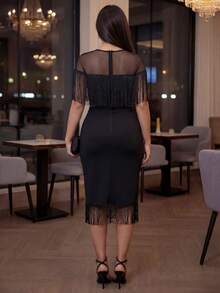 SHEIN Lady Plus Size Summer Elegant Splice Mesh Tassel Trim Bodycon Dress Cruise Outfits Women - Black - View 2