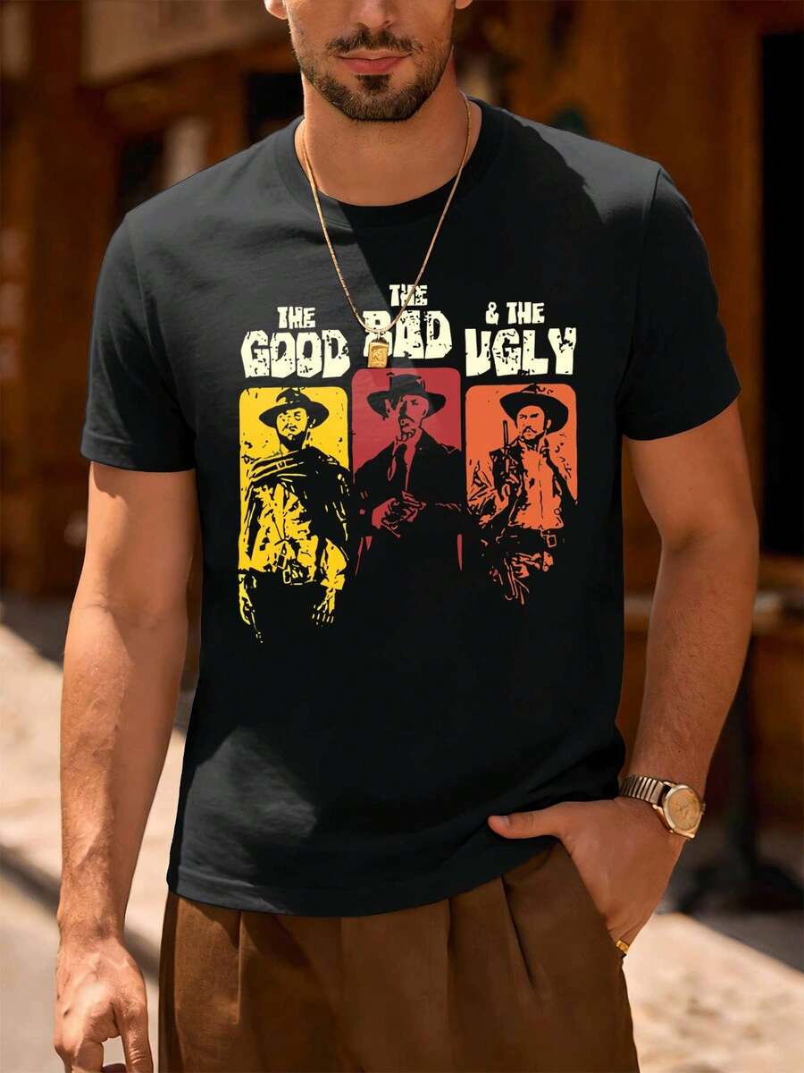 T-shirt grafica autunnale del film "Il buono, il brutto, il cattivo", stile street hip-hop, traspirante, stampa artistica - nero - Visualizzare 1