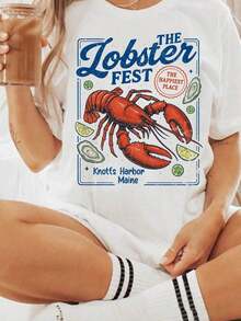Tops2026Lobster Cowboy Shirt, Yee Claw Tee Funny Lobster Tshirt Western Beach Top Amalfi Coast Trip Tomato Girl Summer, Women's Oversized Casual Short-Sleeved Top, 100% Cotton All-Season Fashion Prints Loose T-Shirt, Ladies T-Shirt Gift For Friends And Family Holiday Parties, Vacation, Thanksgiving, Halloween, Valentine's Day Daily, Unisexgraphic Tees Women - 白色-1 - 查看 2