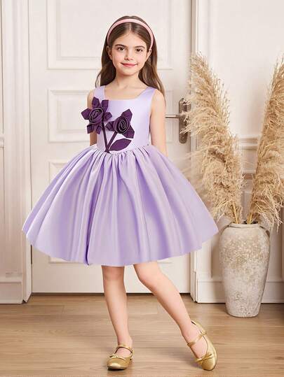 Young Girls' Colorblock Satin Floral Sleeveless Elegant Puffy Party Dress, Suitable For Birthday, Banquet, Excludes Headband