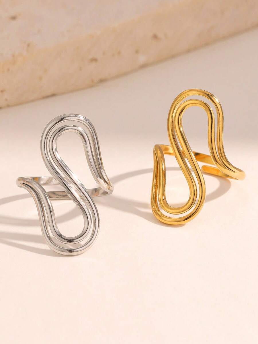 Bague ouverte minimaliste à double rangée de lignes géométriques (1 pièce), à la mode et polyvalente, idéale pour le quotidien, les soirées et les rendez-vous. - Anneau ouvert - Voir 1