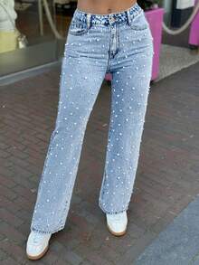 Women's Straight Leg Jeans Fully Embellished With Pearls, Mid Rise Non-Stretch Solid Color Pants For Evening & Parties - 淺色水洗藍 - 查看 3