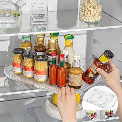 Dulang Penyimpanan Peti Sejuk Berputar 360° - Meja Putar Plastik Lutsinar, Sesuai Untuk Penyimpanan Dapur, Kabinet Dan Atas Meja, Reka Bentuk Oval 35cm, Permukaan Digilap, Sesuai Untuk Menyimpan Perasa, Balang Dan Botol, Penganjur Penyimpanan Peti Sejuk