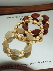 LADYCOCO 3pcs/Set Vintage Thick Chunky Acrylic Beaded Multilayer Bracelet, Transformable Gold Chip Bracelet, Suitable For Women, Couples, Party, Daily Wear - Multicolor 35 - View 4