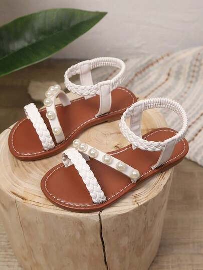 1双加大码女童平底凉鞋，纯象牙色，PU编织，闪亮珍珠装饰，可调节鞋带，圆头，露趾，时尚奢华可爱罗马凉鞋，适合3-16岁女孩，日常休闲、度假、旅行，2026春夏款